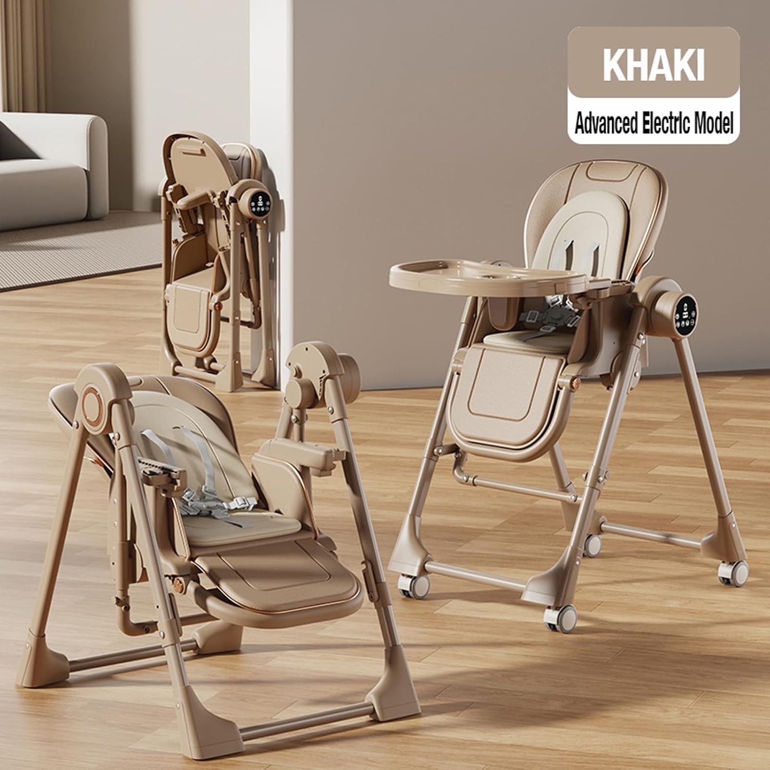 Nine point nine Electric Bluetooth Smart PU Leather Baby High Chair with Swinging Function, High Chairs for Babies and Toddlers, Removable Double Tray Baby Seat Feeding Chairs (E8121 Khaki)