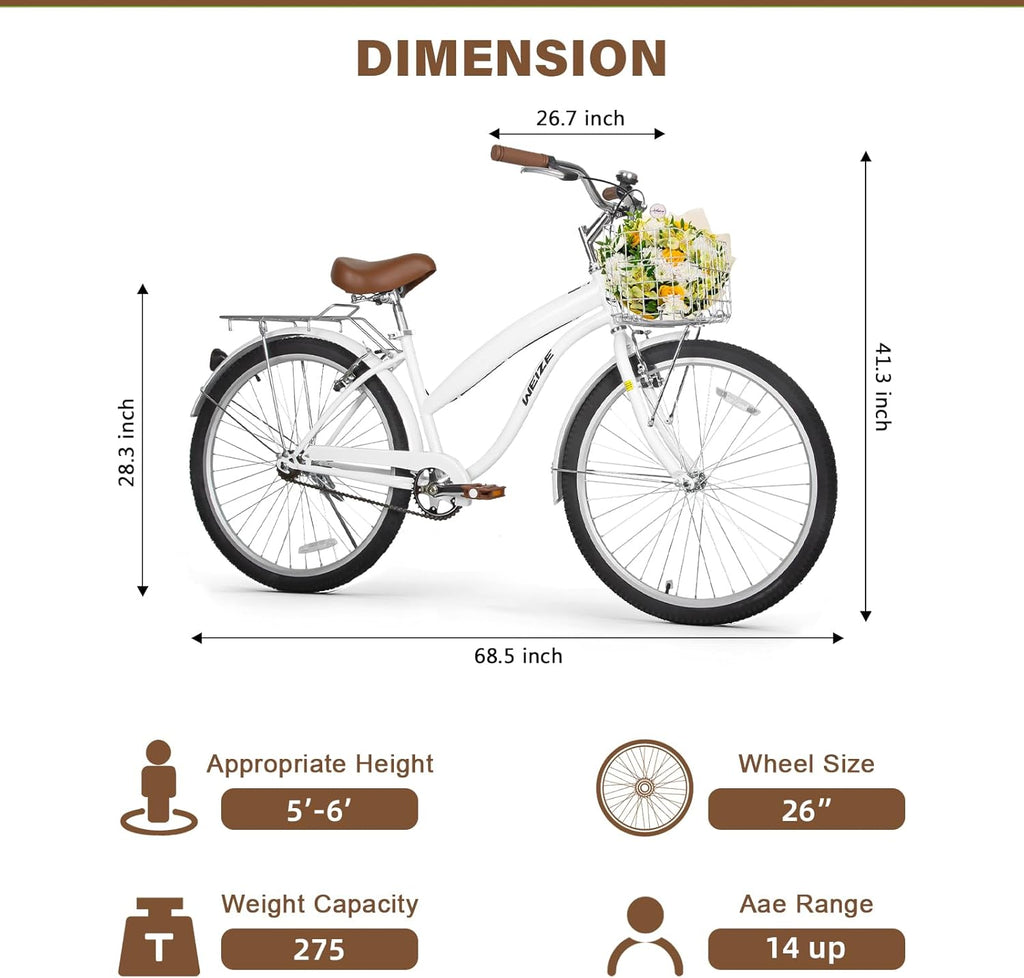 WEIZE Beach Cruiser Bike, 24 & 26 inch Commuter Bicycle for Adult Men and Women,High-Carbon Steel/Front & Rear Fenders, Comfortable City Bikes with Rear Rack or Basket, Ergonomic Upright Design