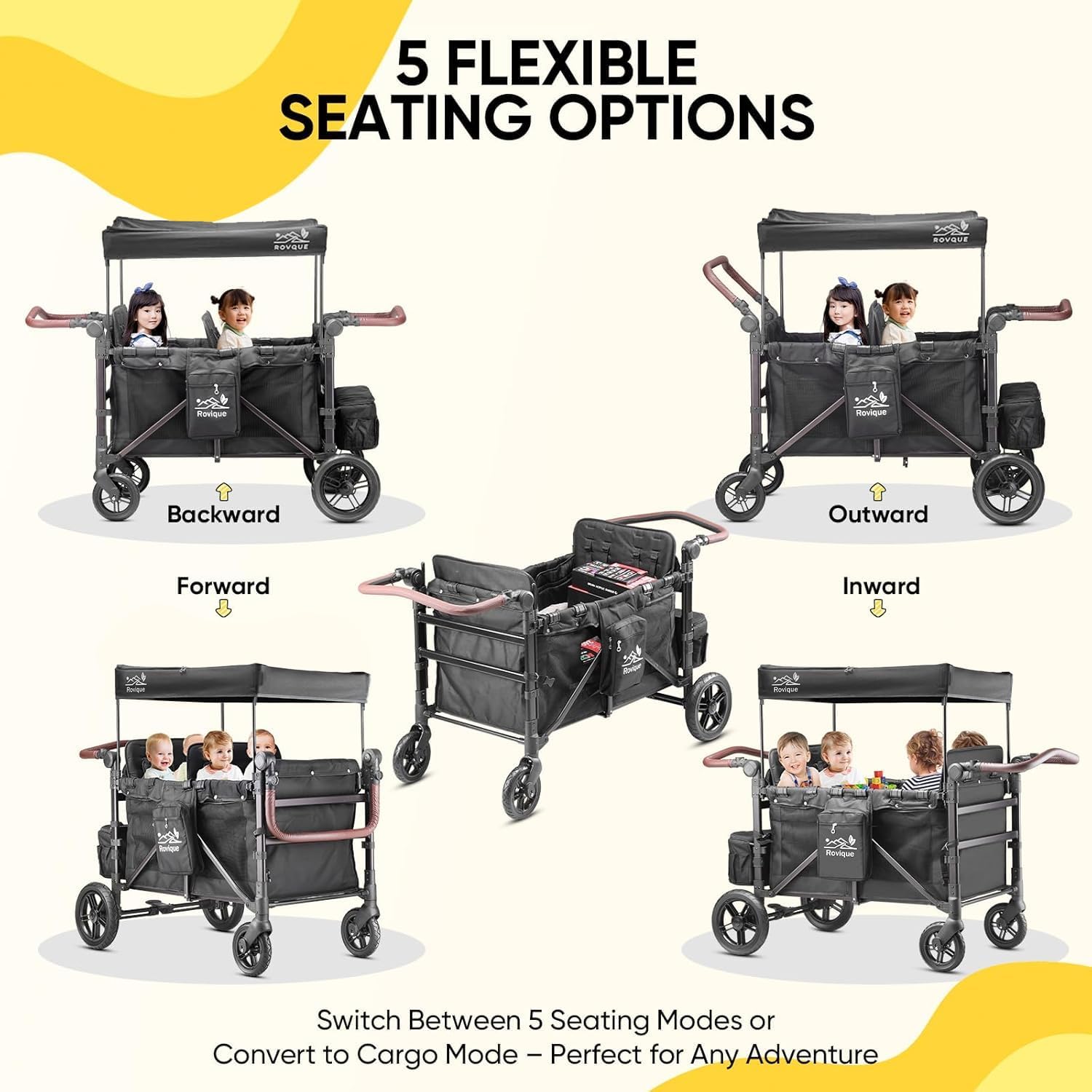 Rovique 4 Seater Wagon Stroller – Deluxe Quad Wagon for 4 Kids with Snack Trays,All-Terrain Wheels,Push Handle, Canopy,Aluminum Frame – Gift for Baby Showers,New Parents,Birthdays