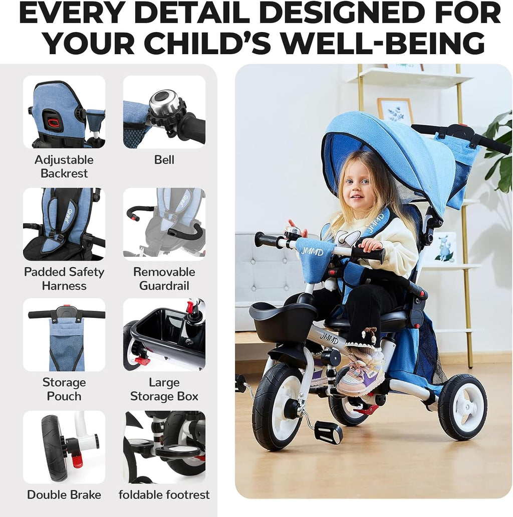 JMMD 7 in 1 Tricycle Stroller with Push Handle, Baby Trike with 360° Swivel Seat, Reclining Backrest, All-Terrain Wheels, Dual Brakes, Canopy & Storage, Gift for Kids 18 Months to 5 Years, Blue