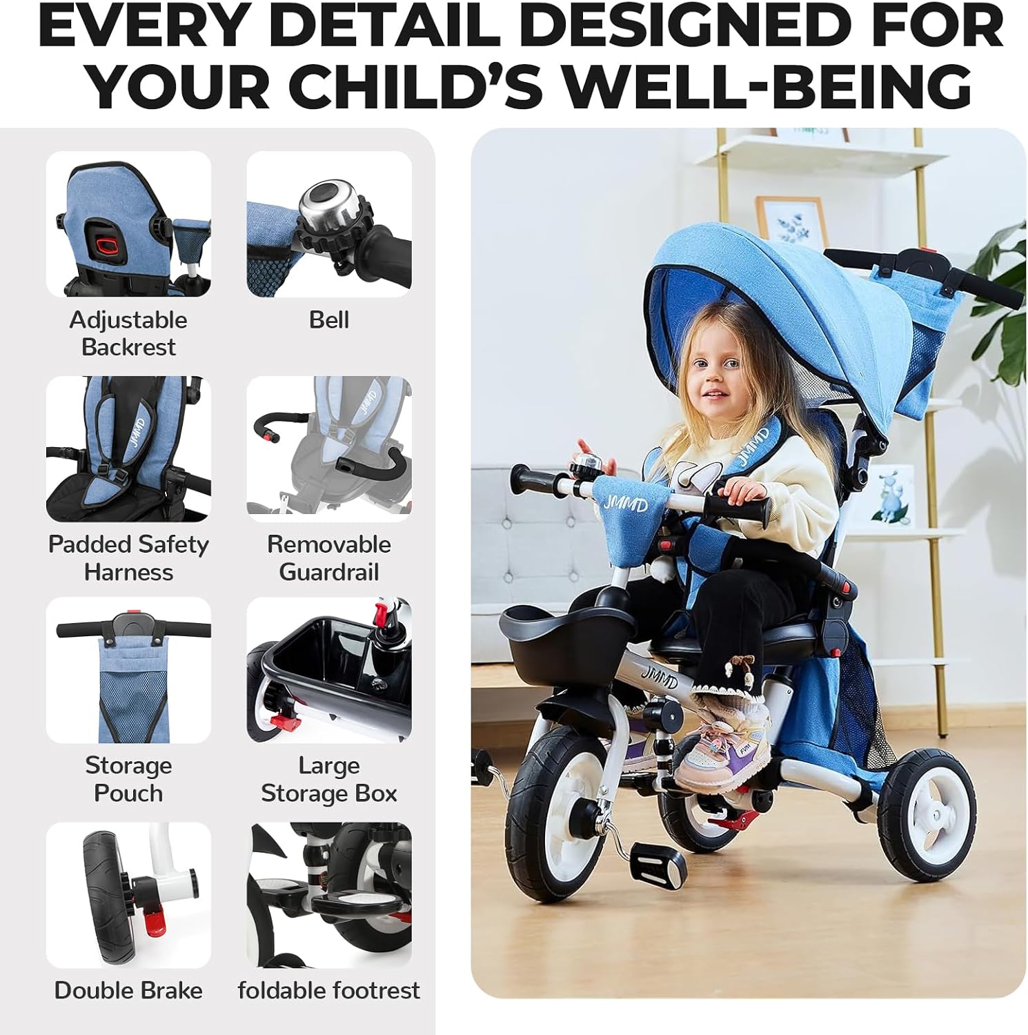 JMMD 7 in 1 Tricycle Stroller with Push Handle, Baby Trike with 360° Swivel Seat, Reclining Backrest, All-Terrain Wheels, Dual Brakes, Canopy & Storage, Gift for Kids 18 Months to 5 Years, Blue