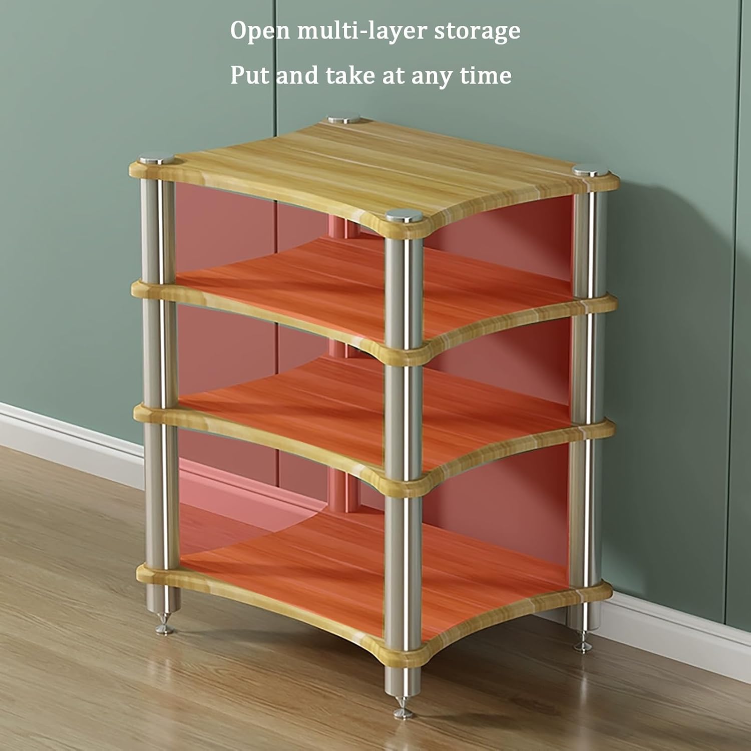 Multifunctional AV Media Stand, Open Wooden Storage Cabinet, 4-Tier Display Shelf with Stainless Steel Frame, Ideal for TV & Audio Equipment (Brown, 60x48x85cm)