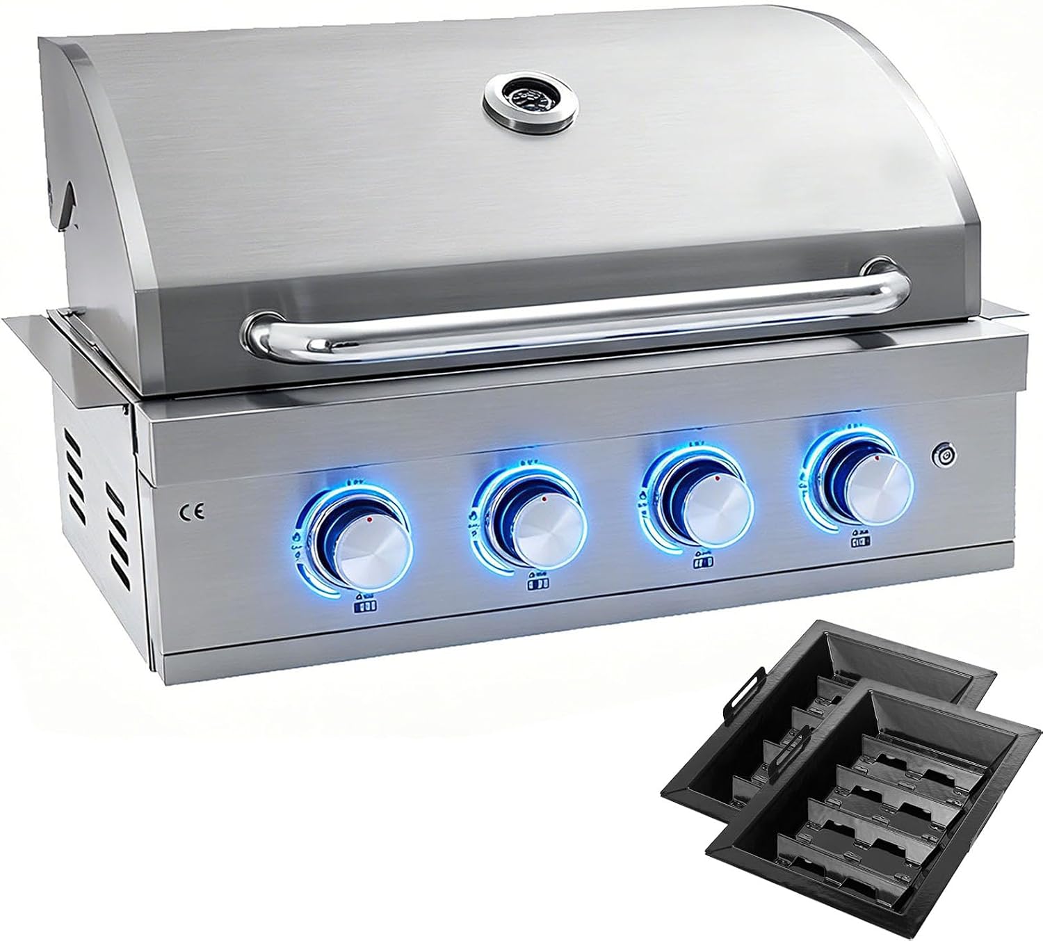 28-inch Built-in Gas Grill, 4 Burner Propane Gas Grill 48,400 BTU, 304 Stainless Steel, Charcoal and Propane Gas Dual Fuel for Patio Backyard Parties Barbecue