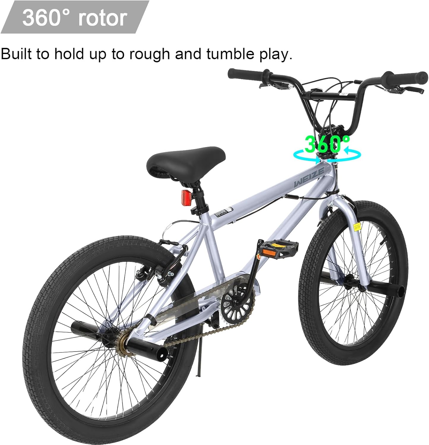 WEIZE Freestyle BMX Bike, 20 inch Trick Bicycle for Kids, Hi-Ten Steel Frame, 360 Degree Rotor Freestyle, 4 Pegs Single Speed Teen Bike for Boys Girls & Beginner-Level to Advanced Riders