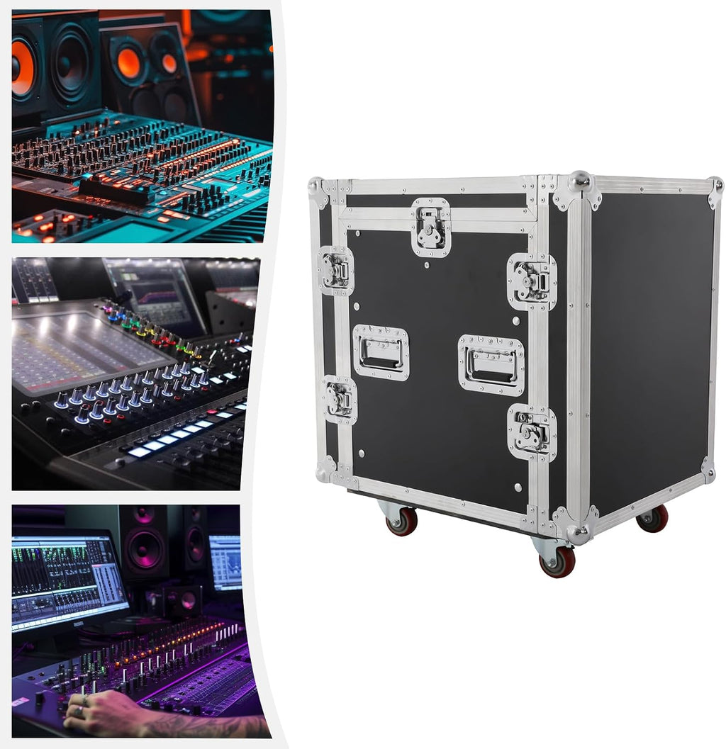 14U PA DJ Rack/Road ATA Case, Network & Stereo Rack with Slant Mixer Tops, Heavy-Duty DJ Work Table Rolling Studio Equipment Cabinet, Amplifier Mixer Storage Stand for Pro Tour Grade, Live Sound