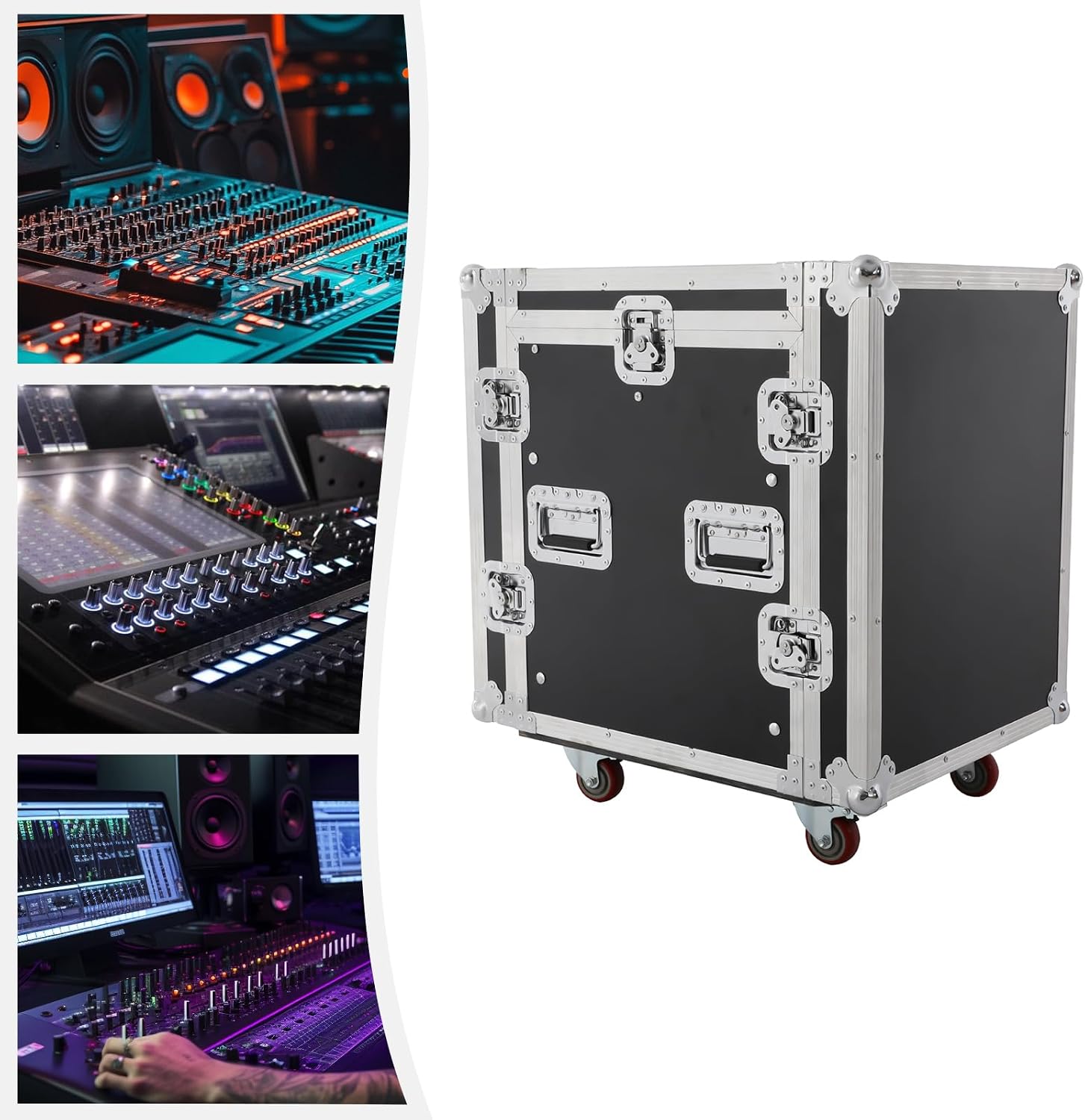 14U PA DJ Rack/Road ATA Case, Network & Stereo Rack with Slant Mixer Tops, Heavy-Duty DJ Work Table Rolling Studio Equipment Cabinet, Amplifier Mixer Storage Stand for Pro Tour Grade, Live Sound
