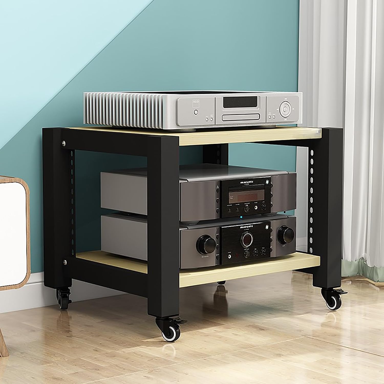 Gaming Shelf for Record Player & Audio Rack - CD/DVD Display Cabinet, Corner Stand with Wooden Shelves for Projector, PS5, Game Console & Cable Box (Yellow, 60x50x40cm)
