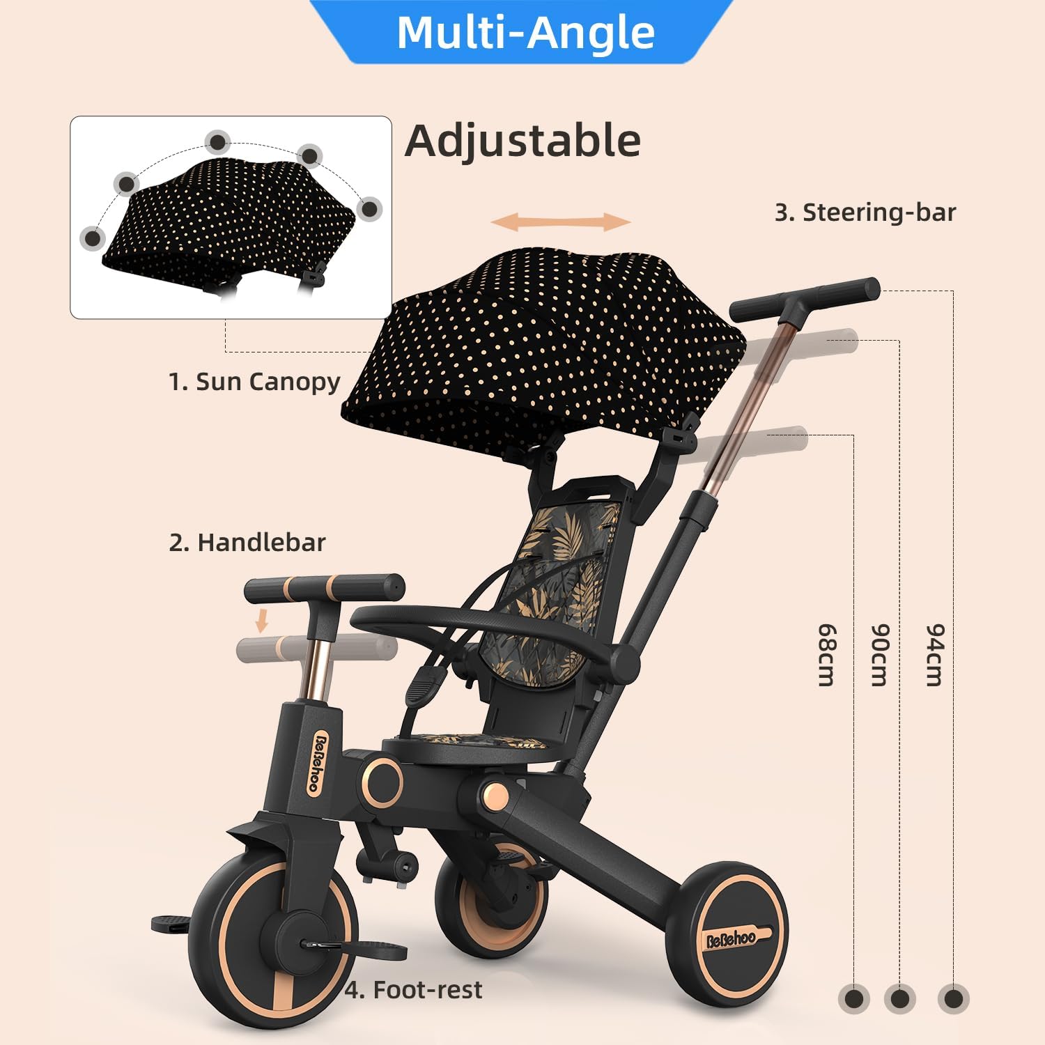 Tricycle Stroller for Toddler,Foldable Baby Tricycle,Kids Balance Bike with Push Handle,Toddlers Stroller Bike with 1 to 5 Years,7-in-1 Push Tricycle Bike for Kids(Gold)