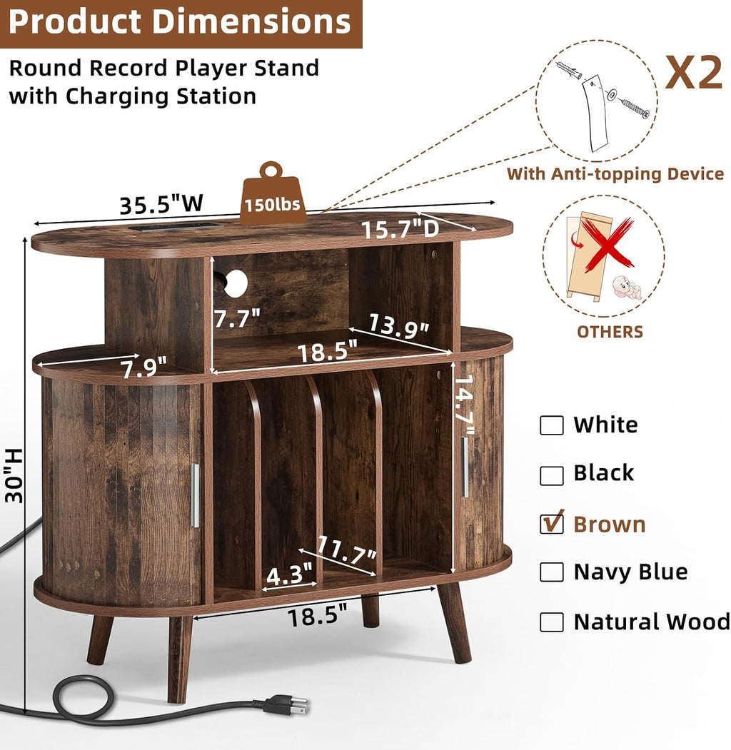 LELELINKY Large Round Record Player Stand with Charging Station & Fluted Panel, Brown Mid Century Modern Turntable Cabinet with Vinyl Storage, Arched Wood Record Player Table for Living Room