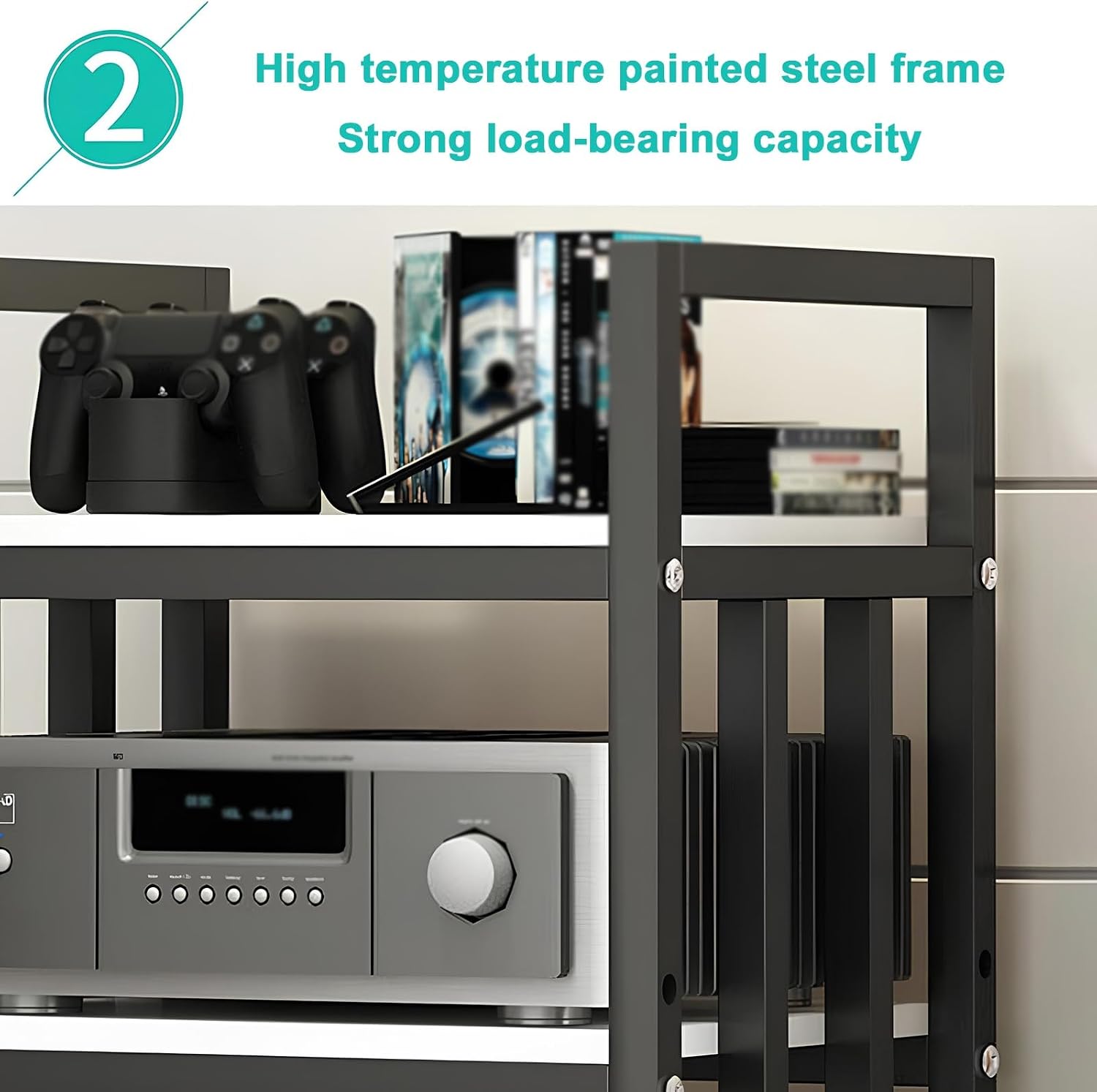 Media Stand with Adjustable Shelf, Rolling Stereo Cabinet for Living Room Home Office, Versatile Media Storage Rack for DVDs Gaming Consoles and Audio Equipment