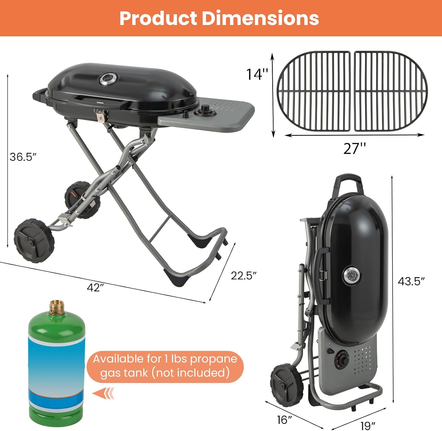 Giantex Portable Propane Gas Grill with 15,000 BTUs Burner, Side Table, 2 Wheels, Grease Tray, Metal Frame, Folding Stand-Up Propane Gas Grill for Outdoor Cooking Camping Barbecue (Black)