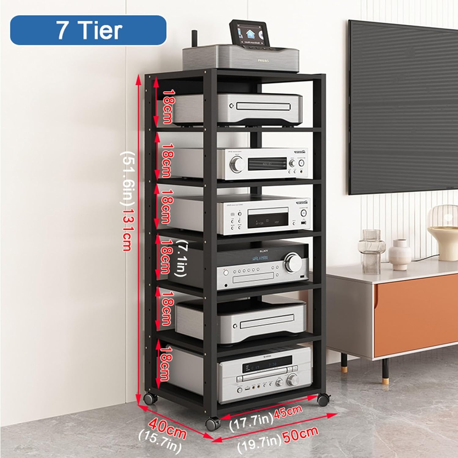 SOBS 5/6/7-Tier AV Media Stand Audio Rack CD Player Stand Stereo Component Storage Cabinet with Height Adjustable Wooden Shelf for Home/Office/Theater, 50x40x131cm (Color : 7 Tier)