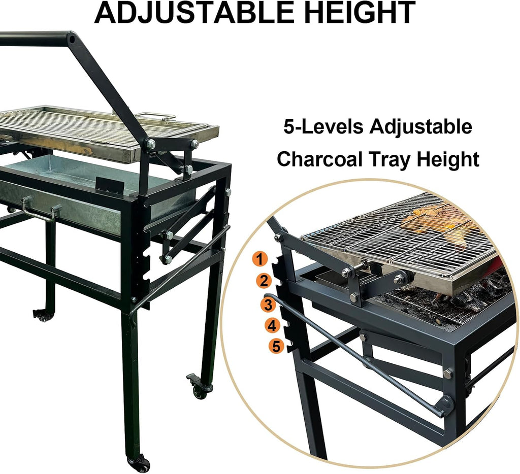 Portable Charcoal BBQ Grill, 360° Rotating Barbecue Grill with Wheels, Stainless Steel Cooking Grid, Adjustable Charcoal Tray, for Camping, Picnic, Patio & Backyard Parties