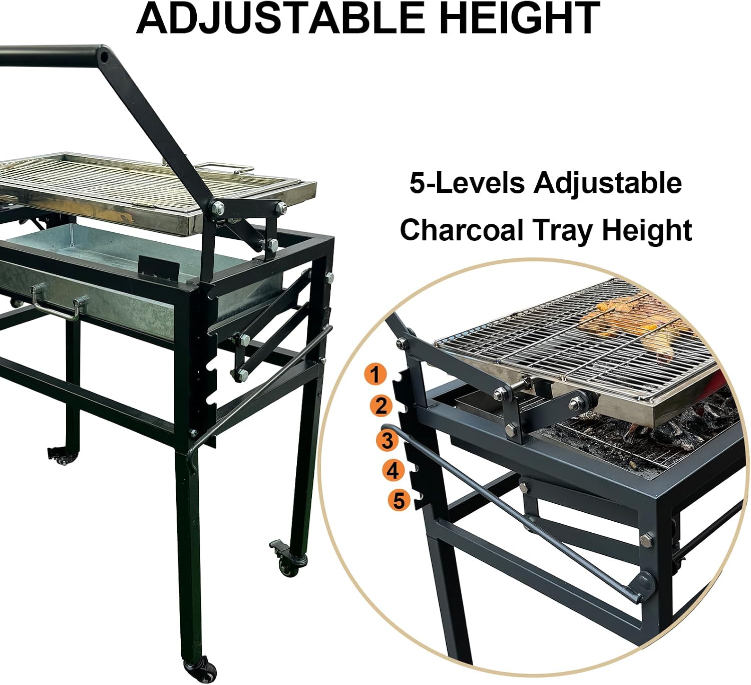 Portable Charcoal BBQ Grill, 360° Rotating Barbecue Grill with Wheels, Stainless Steel Cooking Grid, Adjustable Charcoal Tray, for Camping, Picnic, Patio & Backyard Parties