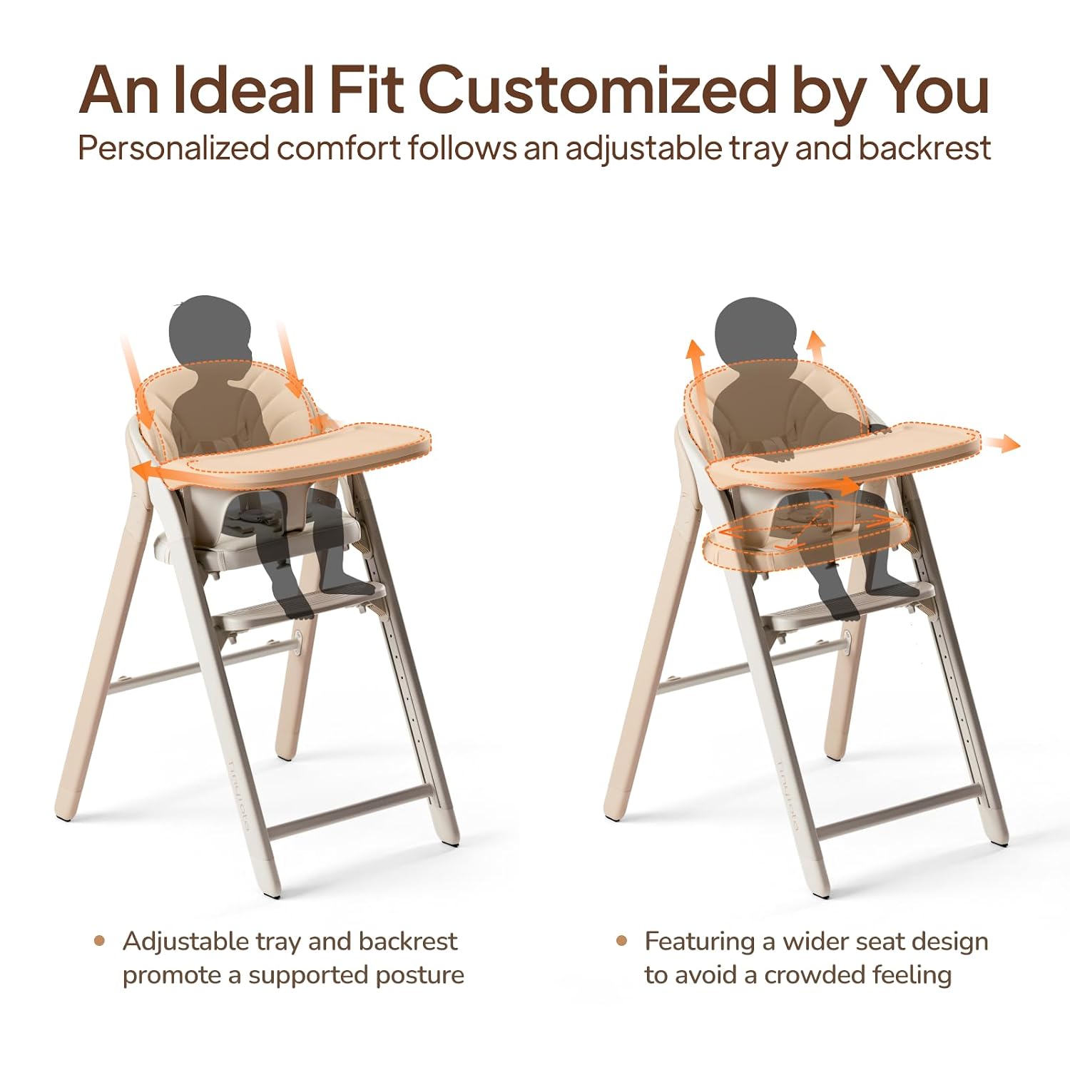 Tinyiota High Chair for Babies and Toddlers, Foldable & 8-Level Adjustable, Removable Tray, Ergonomic Baby Highchair Convertible Chair for Toddler to Adult (Coffee Color)
