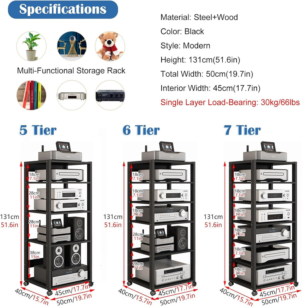 Audio Rack Av Tower Media Stand 5 6 7 Tier Electronics Equipment Shelf, Black Movable Record Player DVD Holder, Entertainment Video Game Console Cabinet Shelf(131cm/51.6in high(5 Tier))