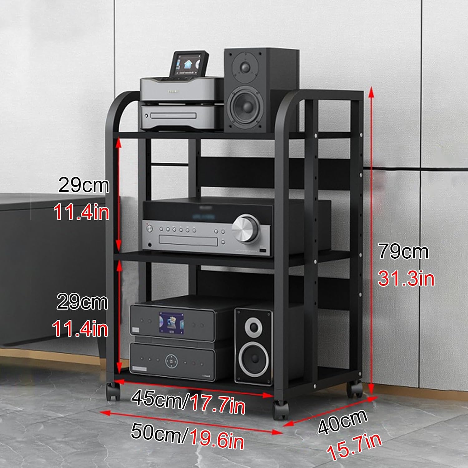 WDJBPSH Mobile Audio Media Rack on Wheels, Portable Video Entertainment Equipment Storage Holder with Height-Adjustable Shelf, Office Bedroom Living Room Organizer(Size:3 Tier/H 79cm - no Drawer)