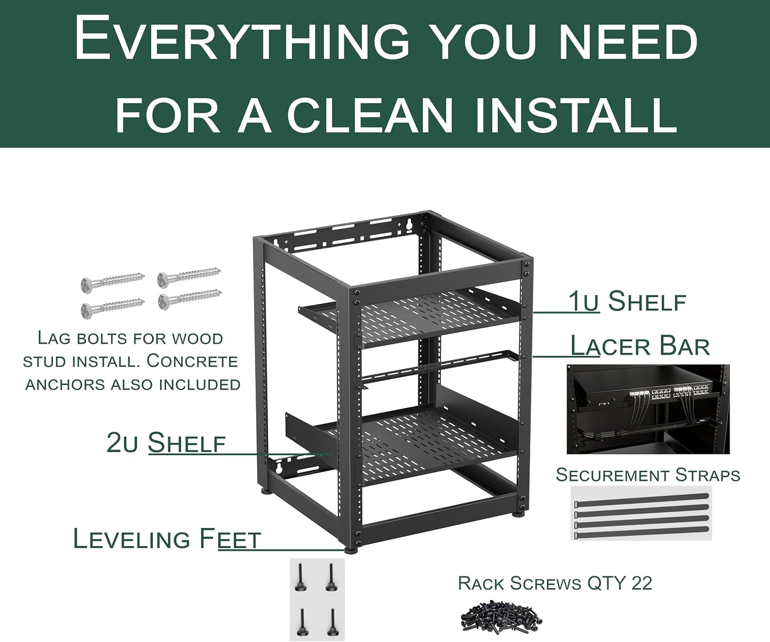 ynVISION.DESIGN 15U Open Frame AV Rack with 1U & 2U Shelves, Lacer Bar, Leveling Feet & Business Card Holder – Server, Network & Audio Rack Includes Mounting Hardware