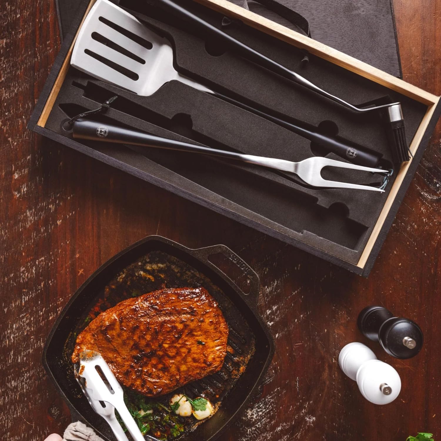 Schmidt Brothers - BBQ Carbon 6, 4-Piece Grilling Accessory Set, Full-Forged Stainless Steel Grilling Utensils Including Spatula, Fork, Basting Brush, and Tongs with All Wood Handles