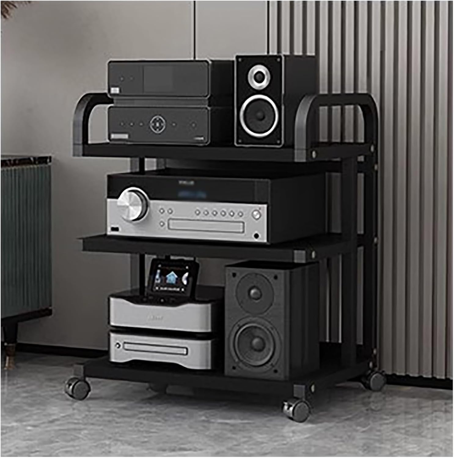 Audio Component Rack Tower Media Stereo Stand Equipment Shelf with Wheels, 3/4/ 5 Layer Steel Heavy Duty Home Entertainment System Organizer Holder (Color : 4 Tier-C) (3 Tier a)