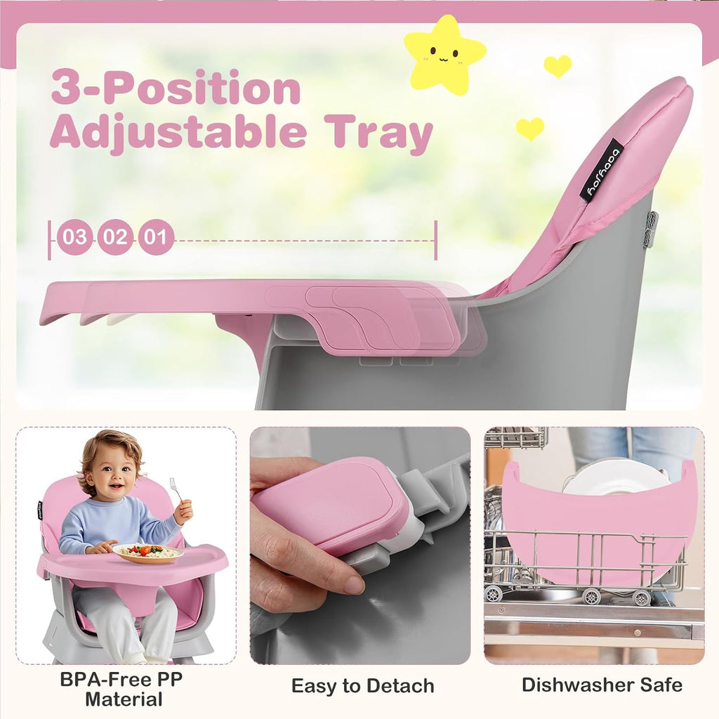 KOTEK 16 in 1 Convertible High Chair, Baby Highchair & Activity Center, Booster Seat, Building Block Table, Toddler Chair with 5-Point Harness, Removable Tray & Cushion (Pink)