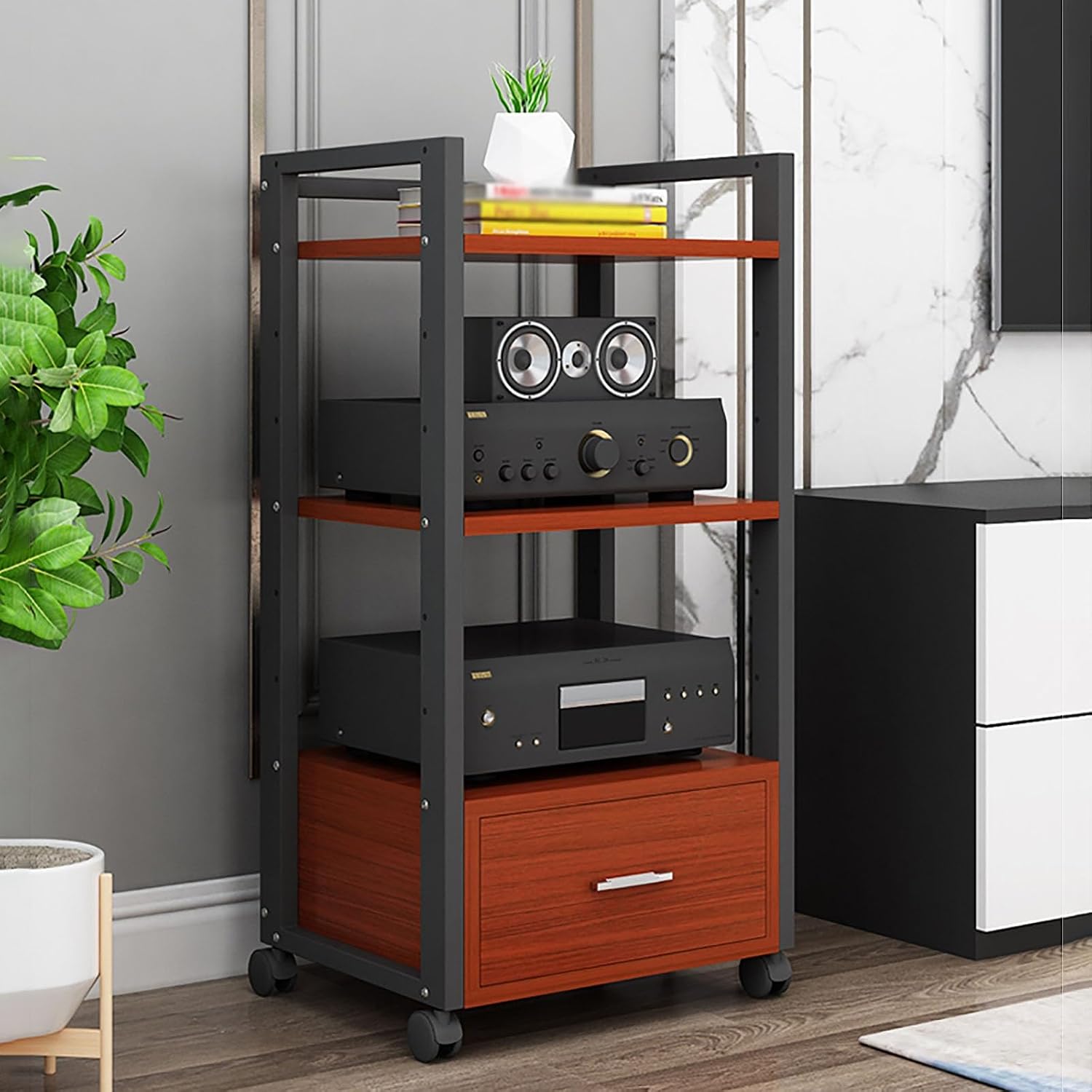 Audio Rack Power Amplifier Equipment Cabinet - Tv Stand with Storage and Shelves - Furniture Media Stand DVD Cd Player Stand - Large Media Storage Shelf On Wheels for Ktv,3 Tiers-100cm Tall