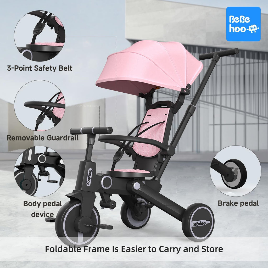 Tricycle Stroller for Toddler,Foldable Baby Tricycle,Kids Balance Bike with Push Handle,Toddlers Stroller Bike with 1 to 5 Years,7-in-1 Push Tricycle Bike for Kids (Pink)
