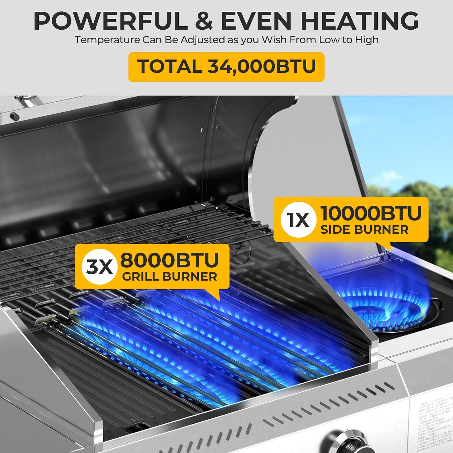 Electactic 3-Burner Propane Gas Grill with Side Burner – 34,000 BTU Stainless Steel Outdoor BBQ Grill, Cast Iron Grates, Portable with Wheels for Patio, Camping