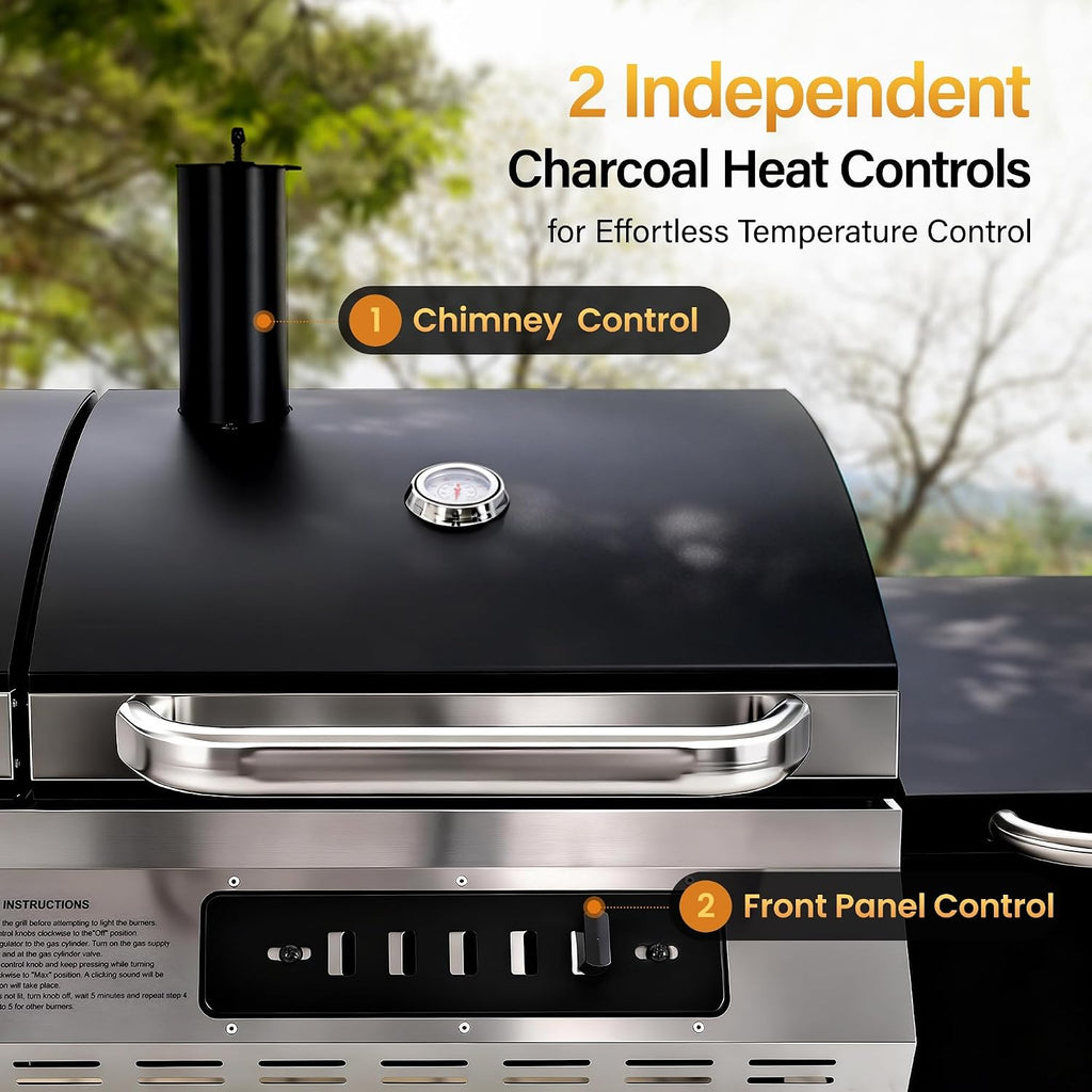 Sophia & William 3-Burner Gas and Charcoal Grill Combo with Offset Smoker - Dual Fuel BBQ Grill, 840 sq. in. Cooking Area, Heavy Duty Propane Barbecue for Outdoor Patio Cooking, Black