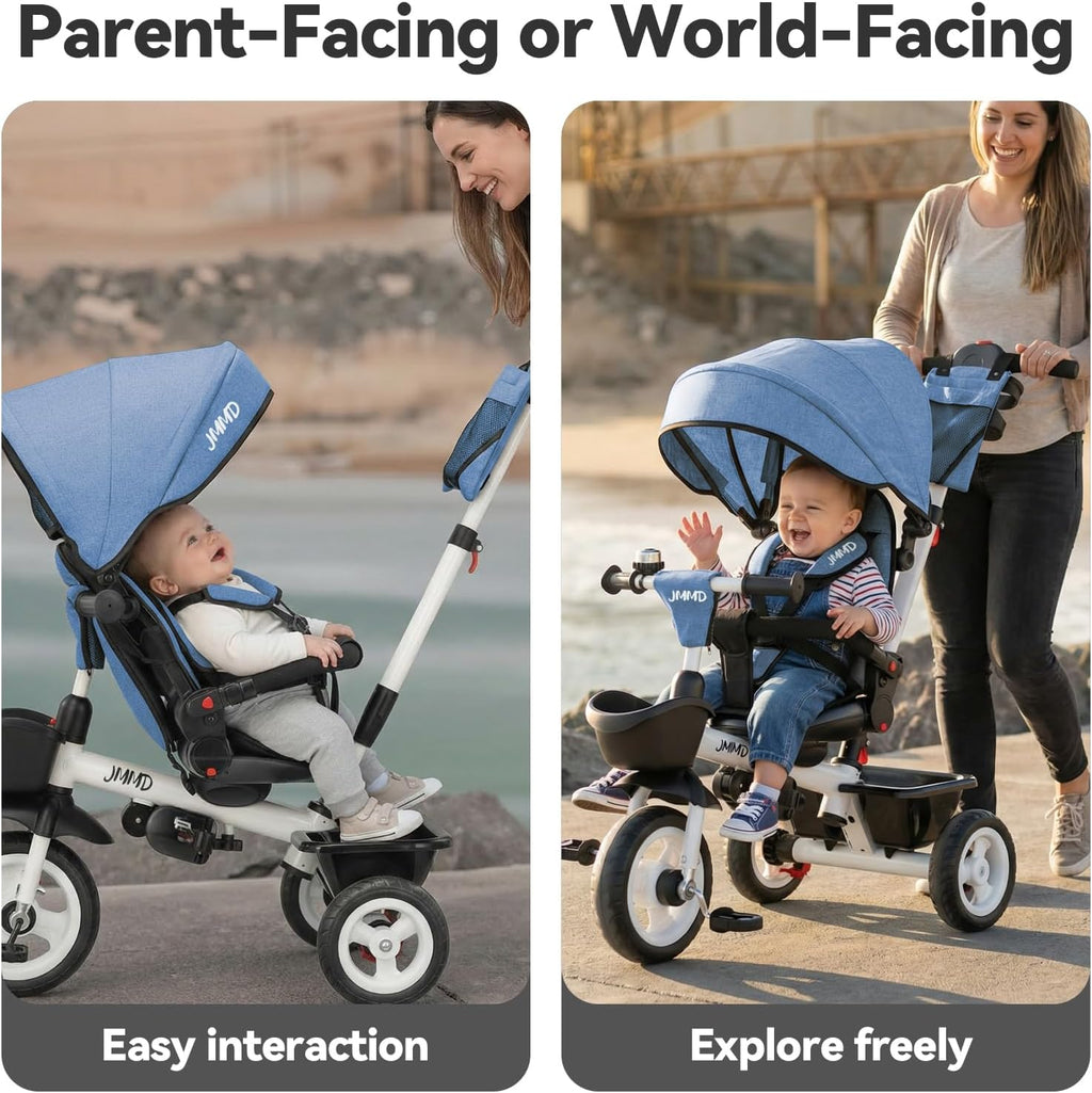 JMMD 7 in 1 Tricycle Stroller with Push Handle, Baby Trike with 360° Swivel Seat, Reclining Backrest, All-Terrain Wheels, Dual Brakes, Canopy & Storage, Gift for Kids 18 Months to 5 Years, Blue