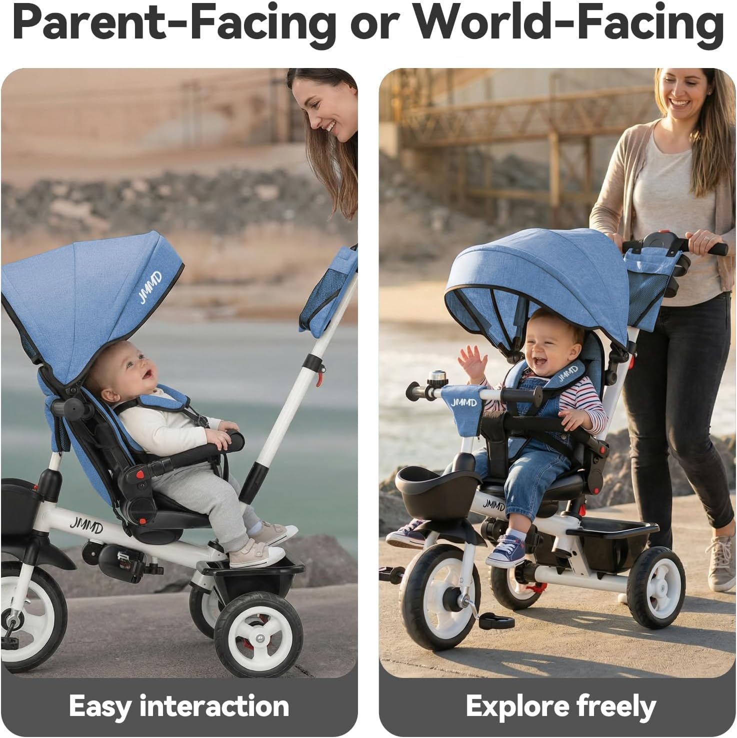 JMMD 7 in 1 Tricycle Stroller with Push Handle, Baby Trike with 360° Swivel Seat, Reclining Backrest, All-Terrain Wheels, Dual Brakes, Canopy & Storage, Gift for Kids 18 Months to 5 Years, Blue