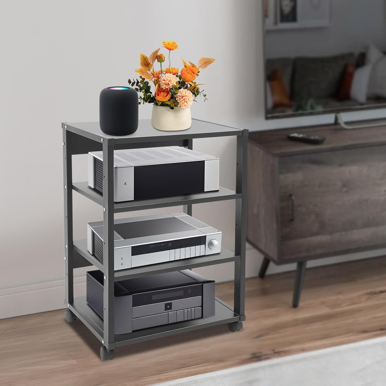 4-Tier Audio/Video Media Stand with Lockable Wheels, CD & Record Player Display Cabinet, AV Equipment Storage Rack, Holds Up to 88.18 lbs, Perfect for Living Room Entertainment