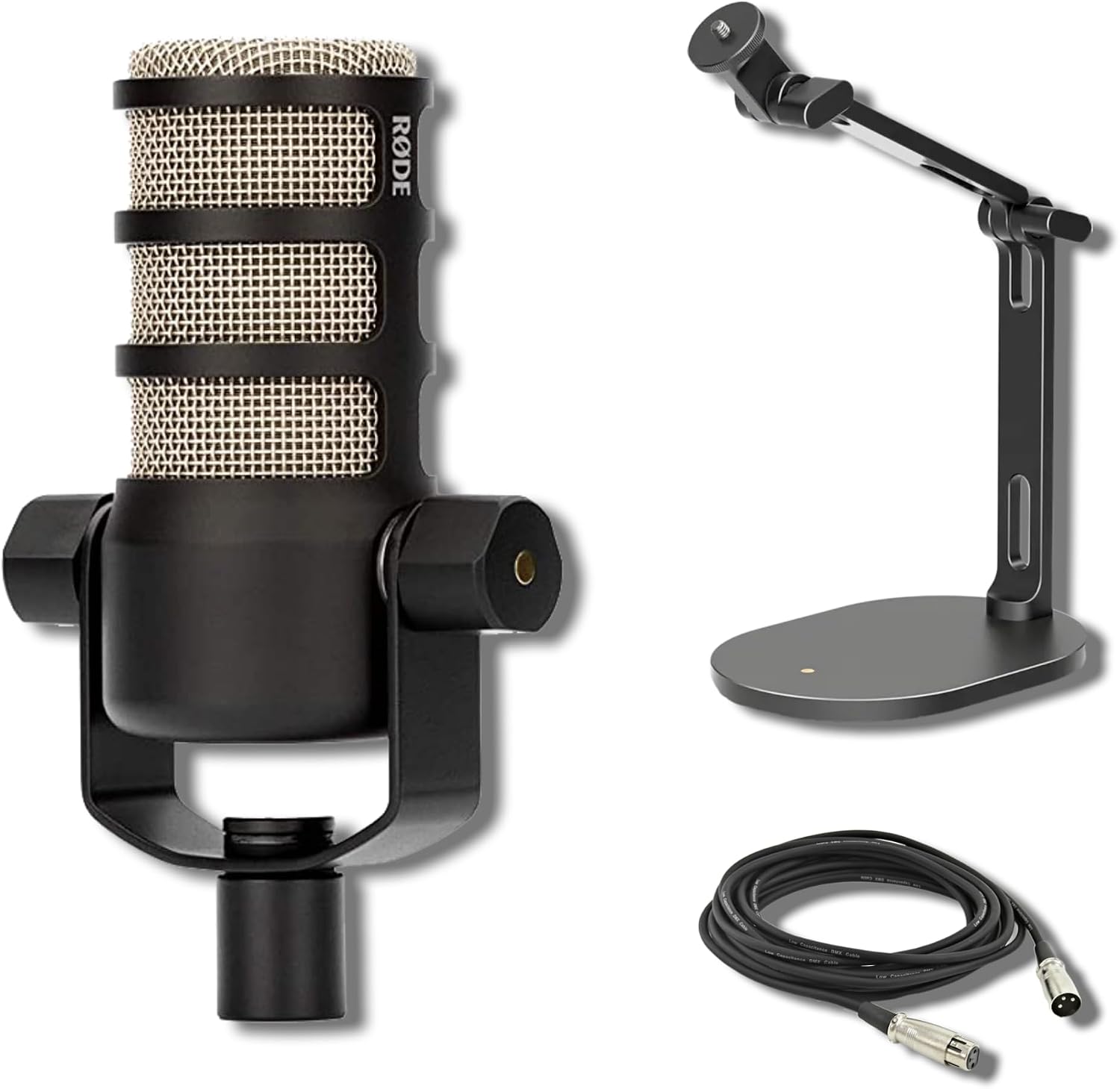 Rode PodMic Dynamic Broadcast Microphone with Rode Desk Stand 2 (DS2), XLR Cable, and StreamEye Polishing Cloth