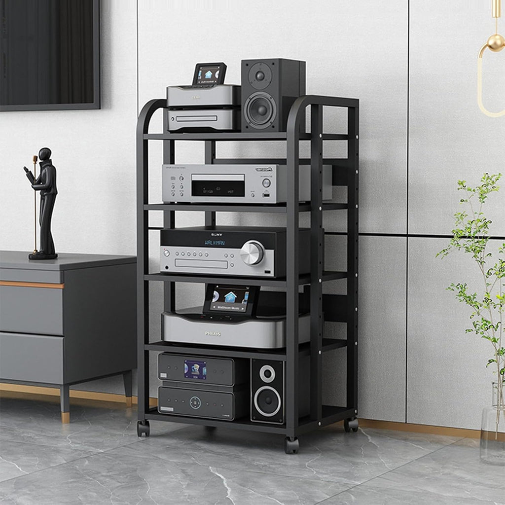 SOBS Multifunction 5 Tier Movable Storage Cart DVD CD Player Stand Amplifier Rack Audio Video Component Media Stand with 5 Wooden Board Shelves for Home/Office/Theater, Black (Color : A)