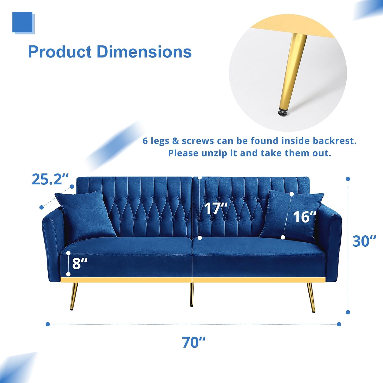 70' Velvet Futon Sofa Bed w/Adjustable Armrests and Backrest, Convertible Futon Couch w/2 Pillows, Modern Sleeper Bed for Living Room, Bedroom, Blue