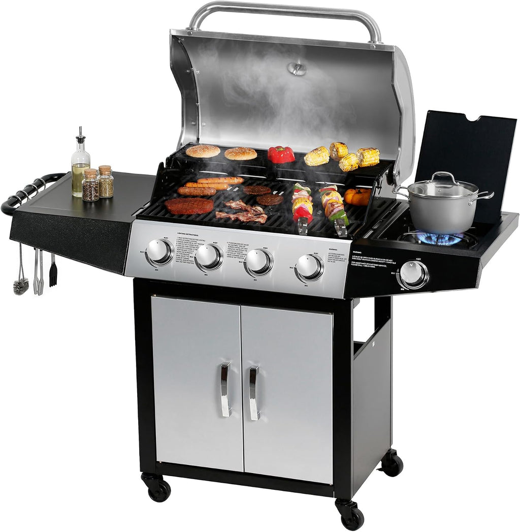 MASTER COOK 4+1 Burners Gas Grill, 518 Sqin Cooking Area, 52,000 BTU Propane Grill with Side Burner, Stainless Steel Cabinet Grill, Silver & Black