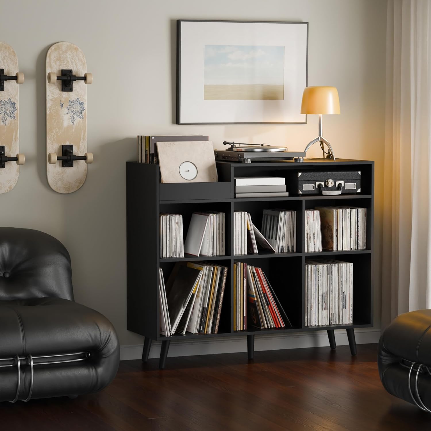 Cozy Castle Large Record Player Stand with Vinyl Storage Cabinet, Wood Turntable Table Open Shelf Holder Up to 500 Albums Cube Storage Organizer for Living Room, Office, Black