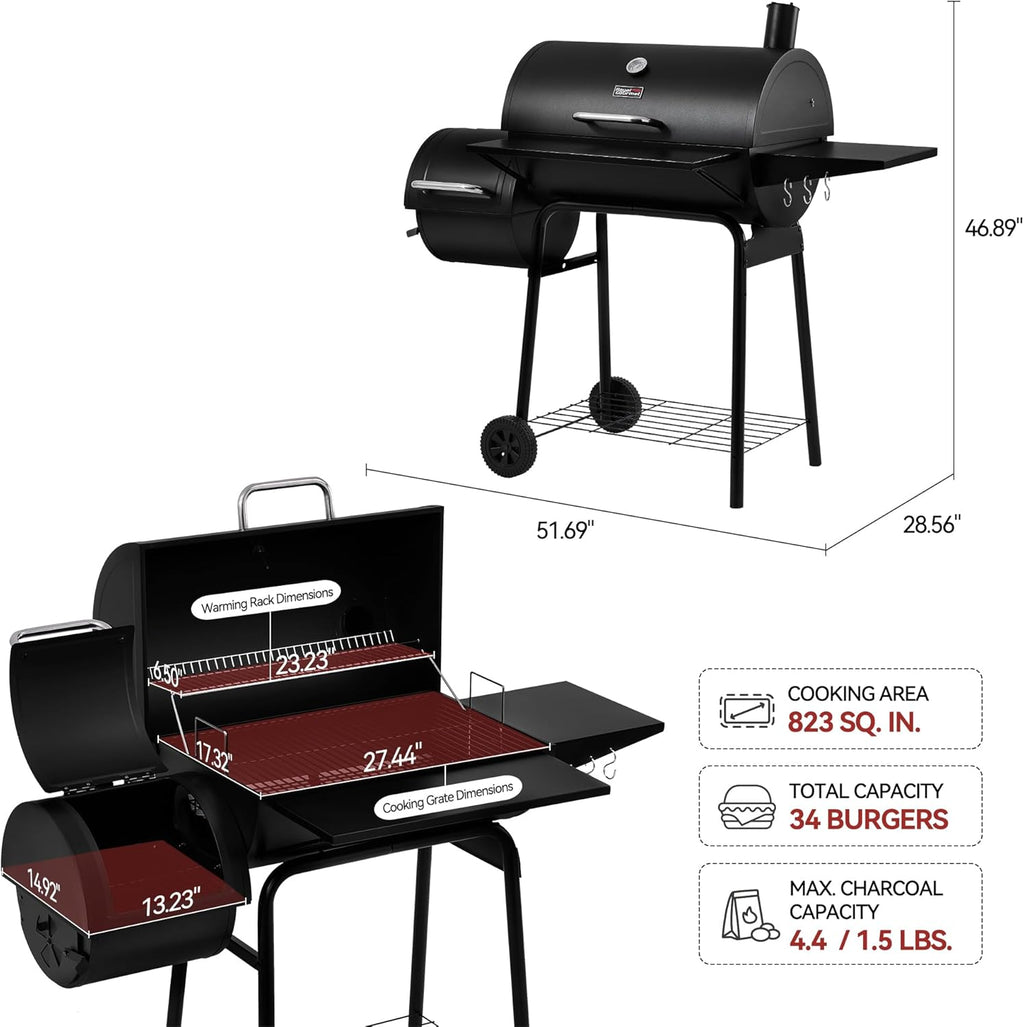Royal Gourmet CC1830S BBQ Charcoal Grill and Offset Smoker | 823 Square Inch cooking surface, Outdoor for Camping | Black