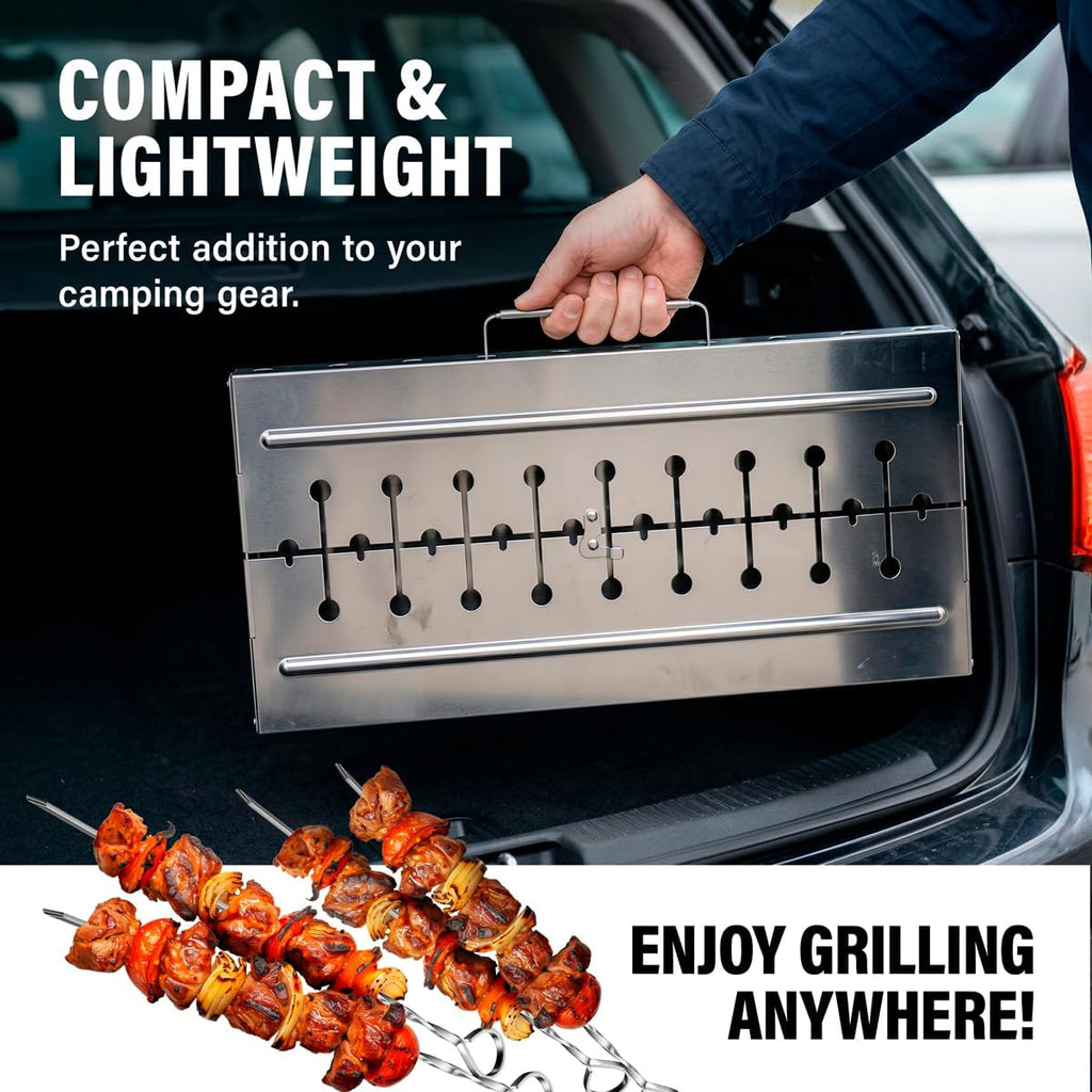 Stainless Steel Charcoal Grill for 8 Skewers – Portable BBQ 16.93'×11.81'×21.26' – Foldable Kabob Mangal – Rustproof Shish Kebab Grill for Outdoor Cooking (Skewers Not Included)