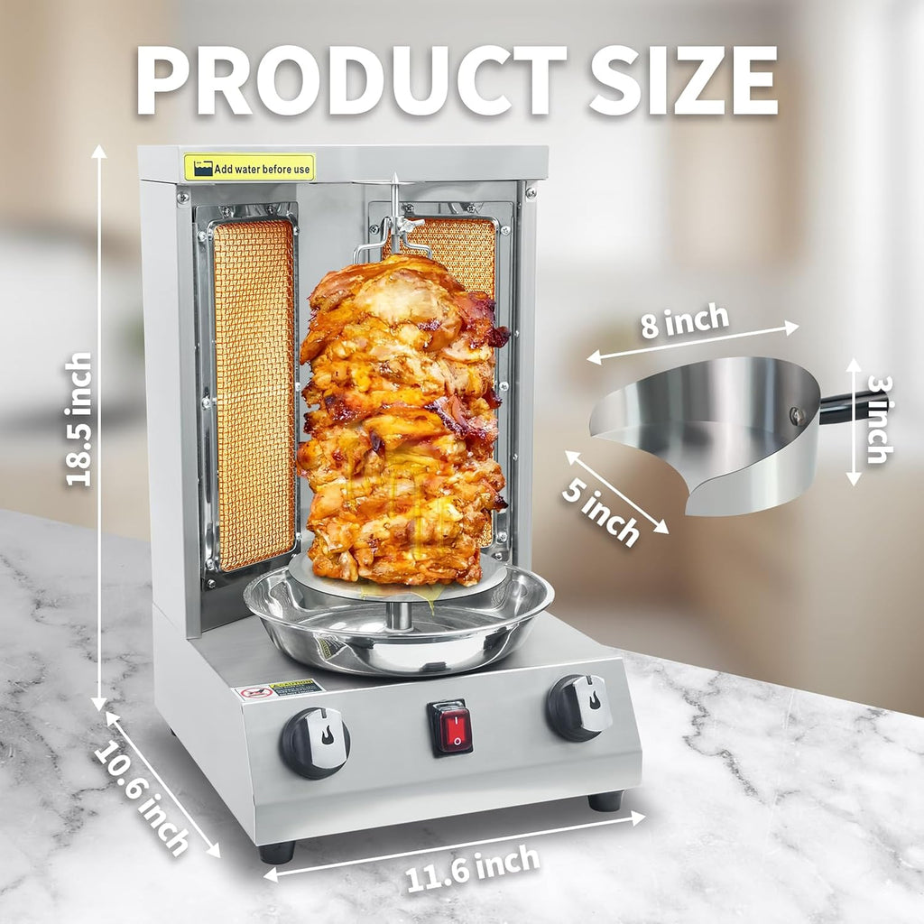 Shawarma Grill Machine Gas Vertical Rotisserie with 2 Burners, Propane Doner Kebab Oven 13 lbs Capacity, Gyro Meat Broiler Machine with Shovel, 110V