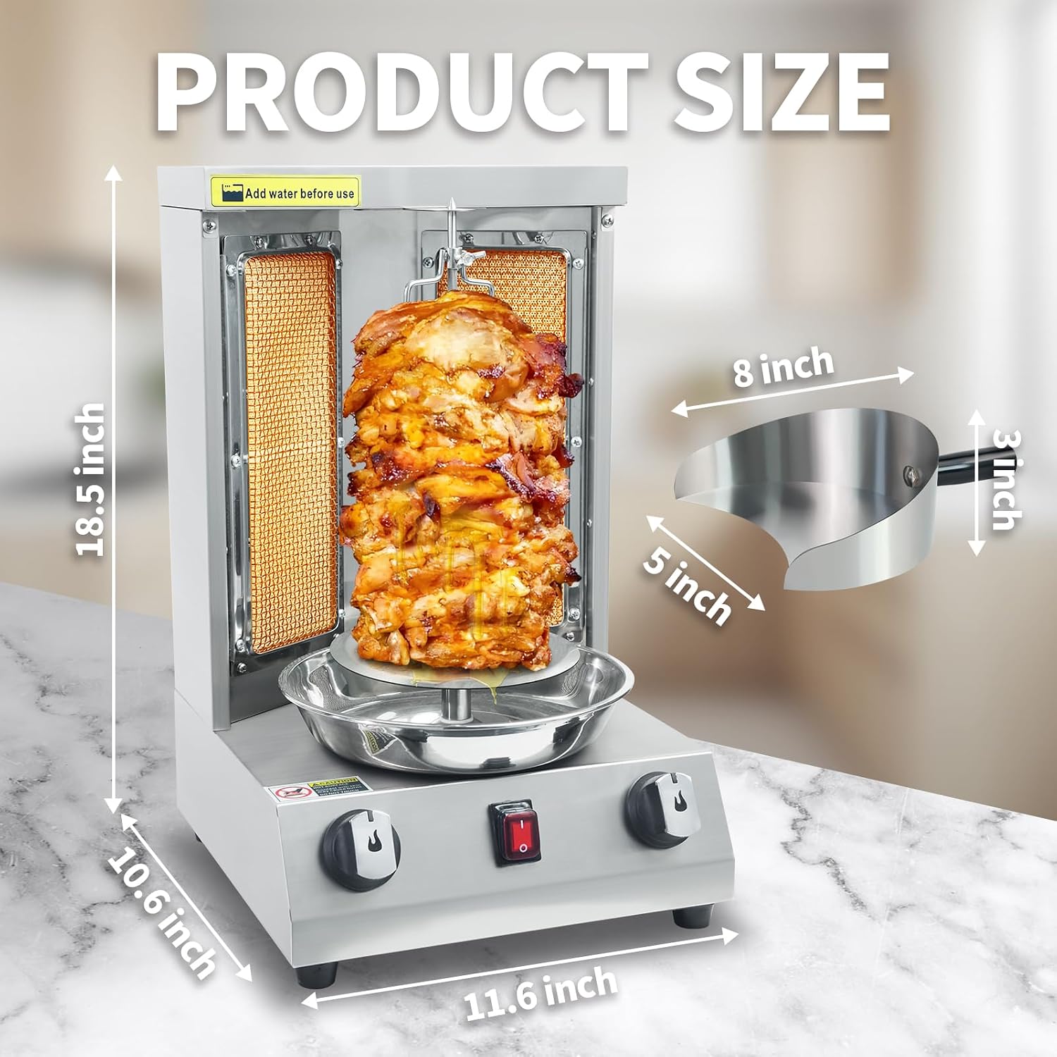 Shawarma Grill Machine Gas Vertical Rotisserie with 2 Burners, Propane Doner Kebab Oven 13 lbs Capacity, Gyro Meat Broiler Machine with Shovel, 110V