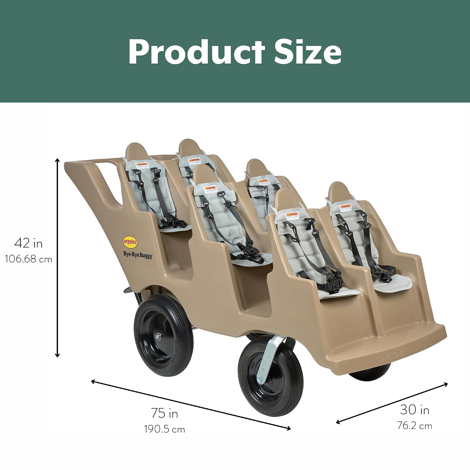 Angeles Bye Bye Buggy 6 Passenger Stroller, Sturdy Daycare Stroller with Fat Tires, Easy-to-Fasten Safety Buckles, Parking Brake, & 360 Pivoting Wheels, Tan