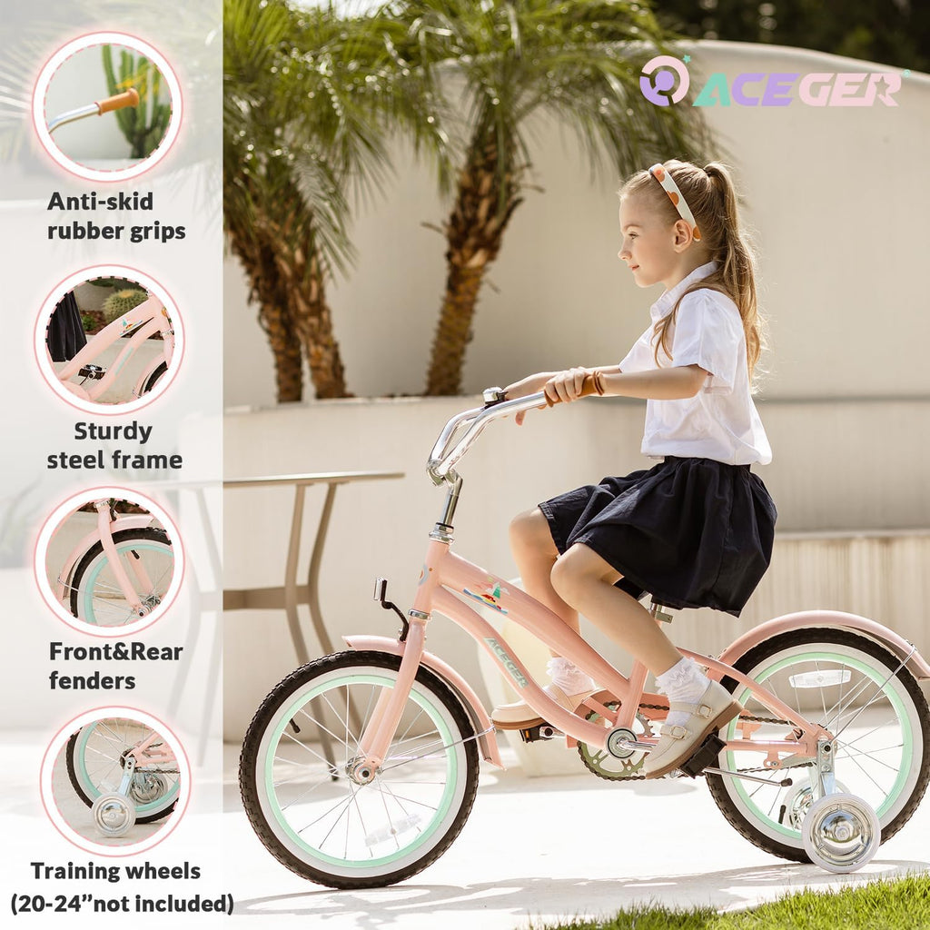 ACEGER Girls Beach Cruiser Bike for Kids 5-13 Years Old, 16' 18' 20' 24' Single Speed Kids Bicycle Included Coaster Brake, Front and Rear Reflectors, 24' 7 Speeds with Dual Brakes