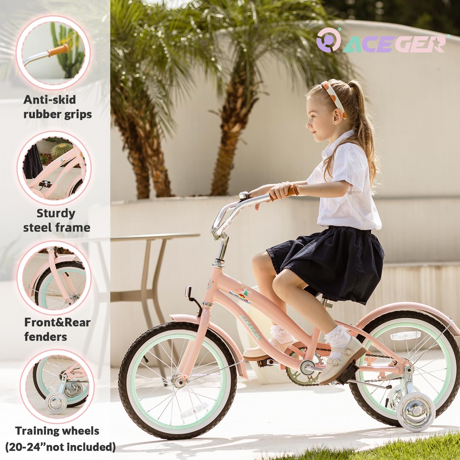 ACEGER Girls Beach Cruiser Bike for Kids 5-13 Years Old, 16' 18' 20' 24' Single Speed Kids Bicycle Included Coaster Brake, Front and Rear Reflectors, 24' 7 Speeds with Dual Brakes