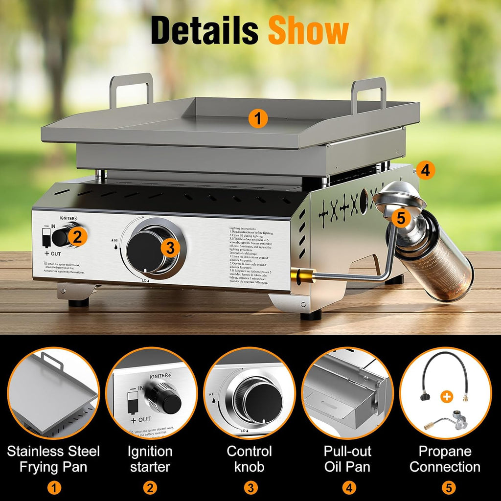 Electactic Stainless Steel Tabletop Grill,18 Inch Portable Propane Grill Griddle with Handle,8000 BTU Flat Top Grill for Camping, Outdoor & Tailgating Barbecue