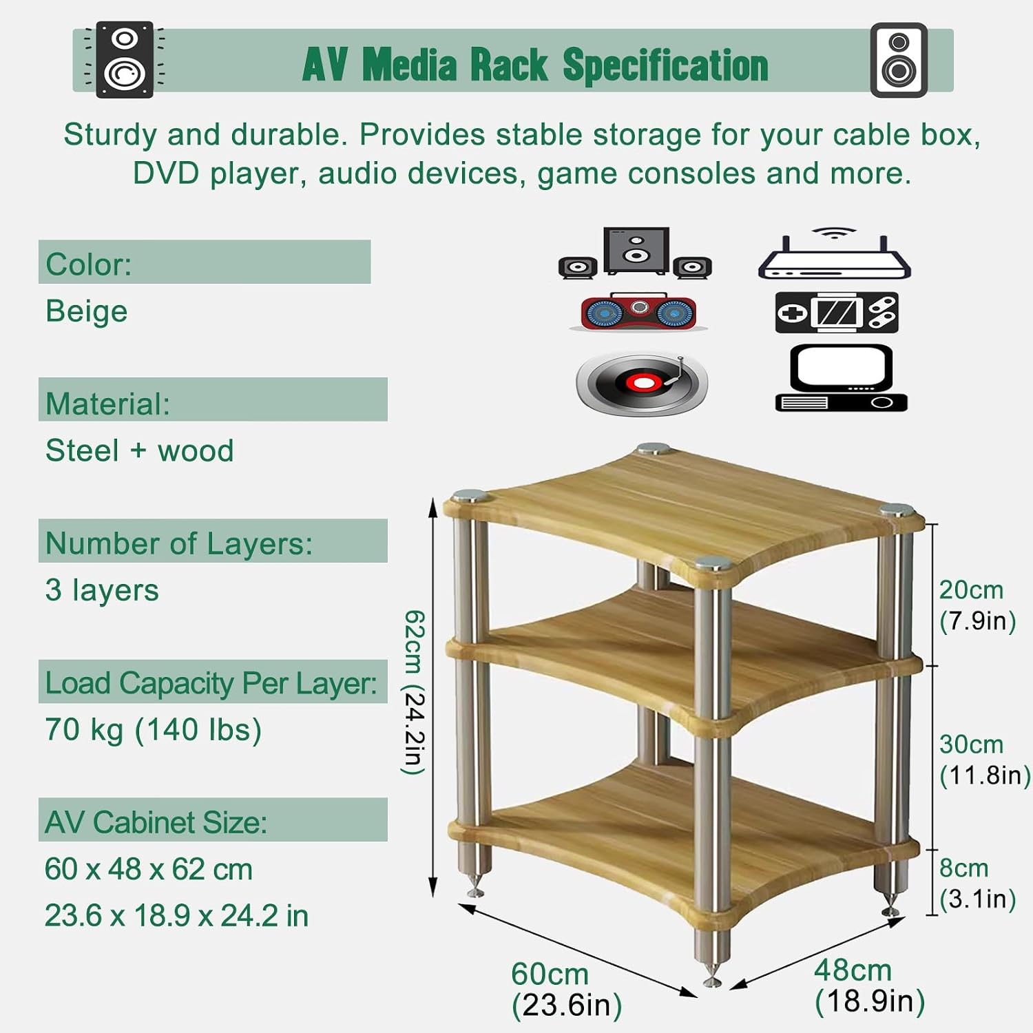 AV Media Tower Stereo Cabinet, 1/2/3/4 Tier Floor-Standing Audio Component Stand, Audio Equipment Storage Shelf for Home Theater Meeting Room Office(60x48x62cm)