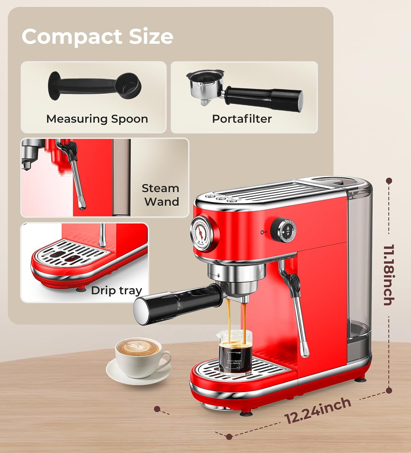 atatix 20 Bar Espresso Machine with Milk Frother, Compact Espresso Maker, Stainless Steel Coffee Machine with Precise Temp Control & 44oz Removable Water Tank for Latte, Cappuccino, Red