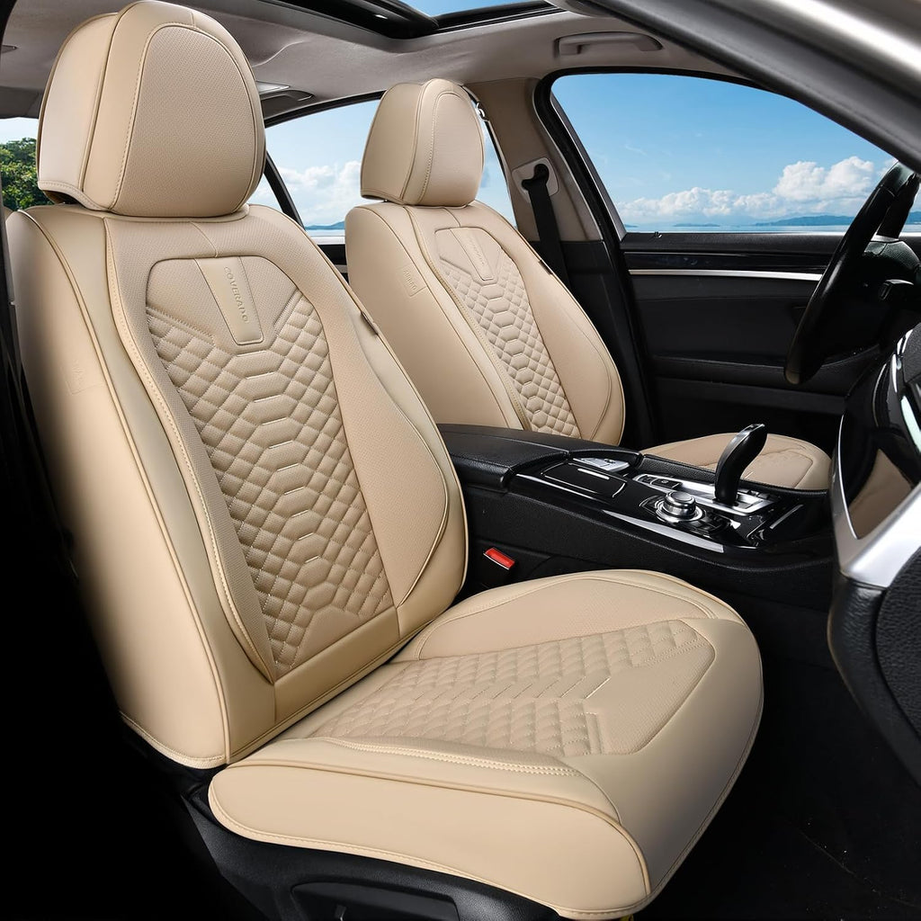 Coverado Car Seat Covers Full Set, Waterproof Nappa Leather Seat Covers for Cars, Universal 5 Seats Car Seat Covers, Front and Back Car Seat Protector, Auto Seat Covers Fit for Most Cars, Beige