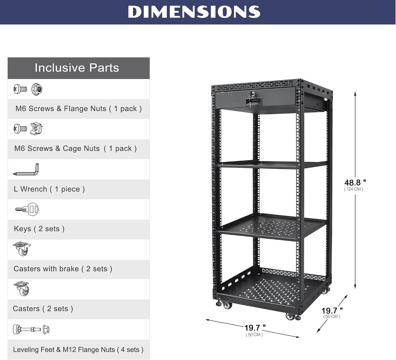 24U Server Rack Cabinet with Drawer & 2 PCS Full Size Rack Shelves - Integrated Top/Bottom Panels, 4 Rolling Wheels for 19' Equipment & Home Lab Studio