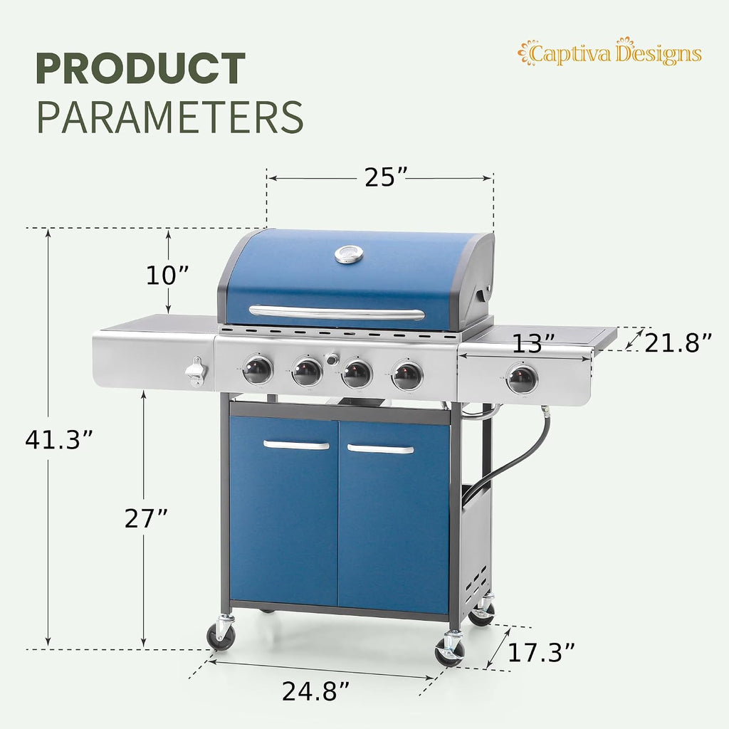 Captiva Designs 4-Burner Propane Gas BBQ Grill with Side Burner & Porcelain-Enameled Cast Iron Grates, 42,000 BTU Output Barbeque Grill for Outdoor Cooking Kitchen and Patio Backyard Barbecue, Blue